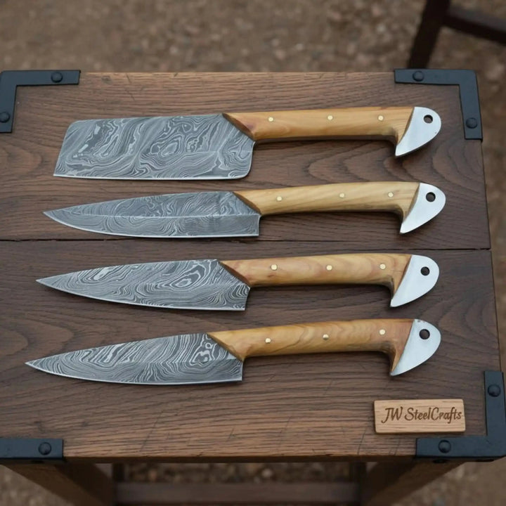 High carbon Damascus steel blades showcasing precision sharpened edges and polished handcrafted wooden grips.