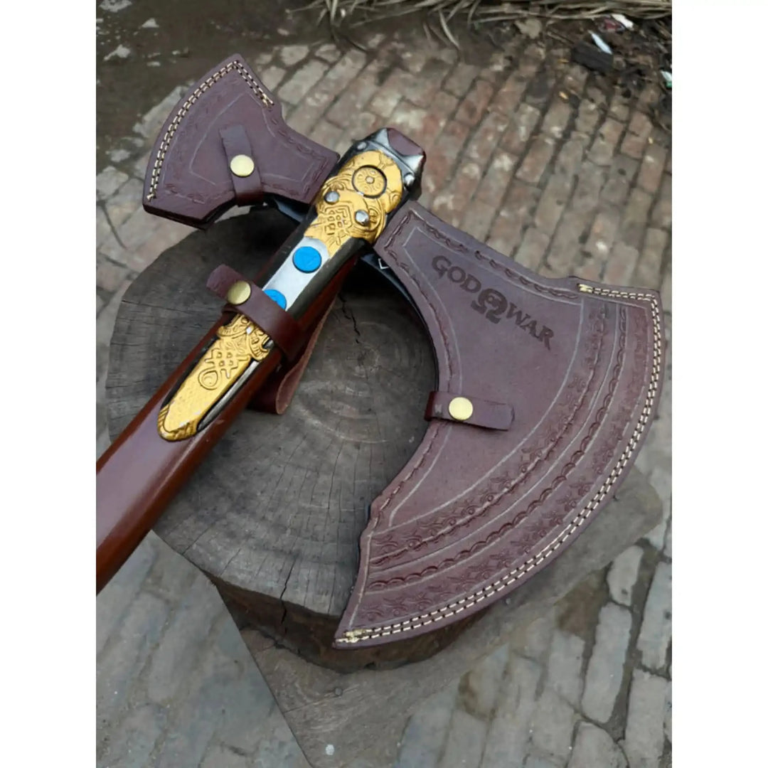 Fantasy-inspired Viking battle axe with etched runic symbols and handcrafted decorative metal details.