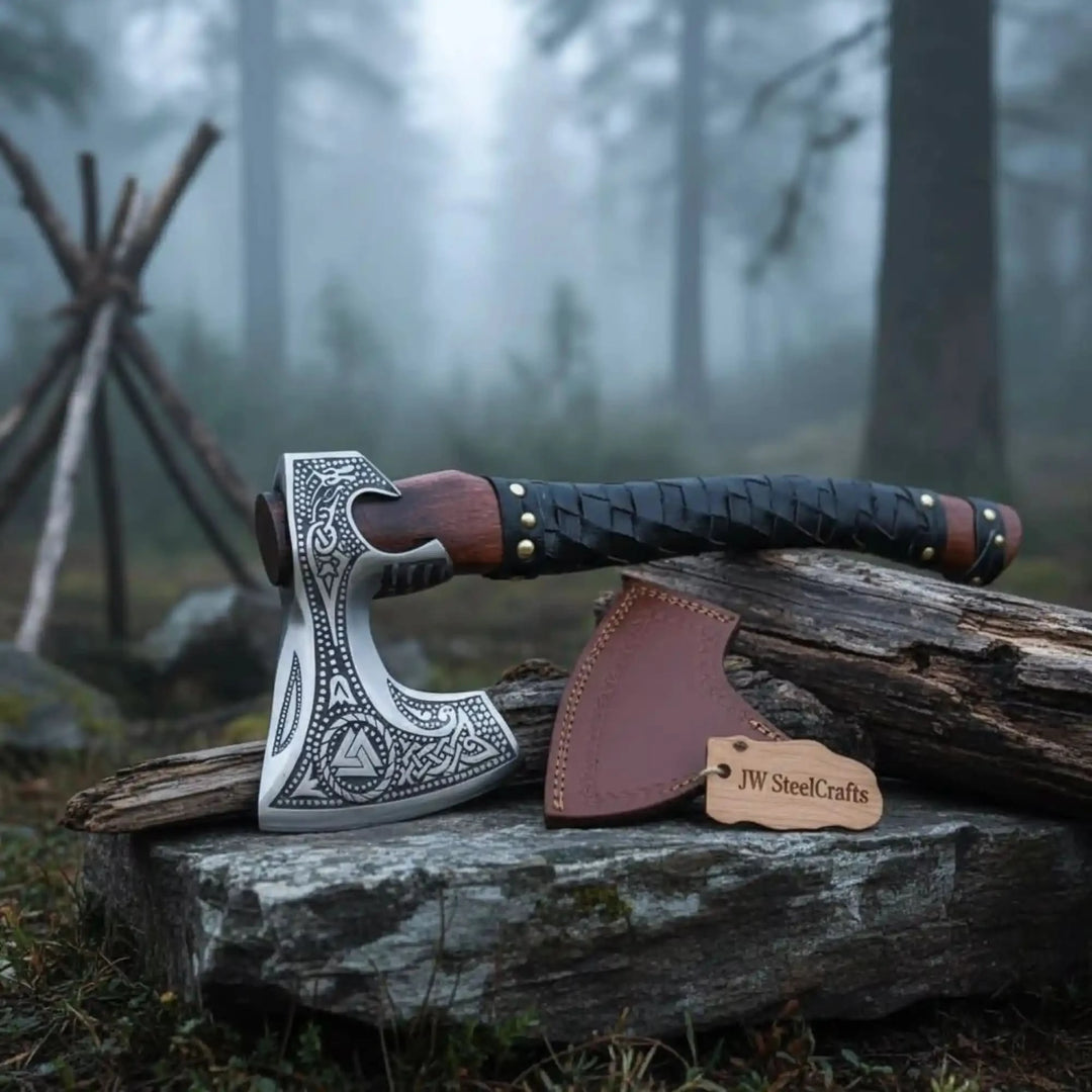 Close detail of a decorative Viking axe with intricate Nordic engravings and leather-wrapped grip.