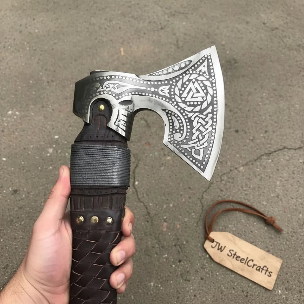 Handcrafted Viking hand axe with silver etched blade and dark braided leather handle resting on earthy terrain.