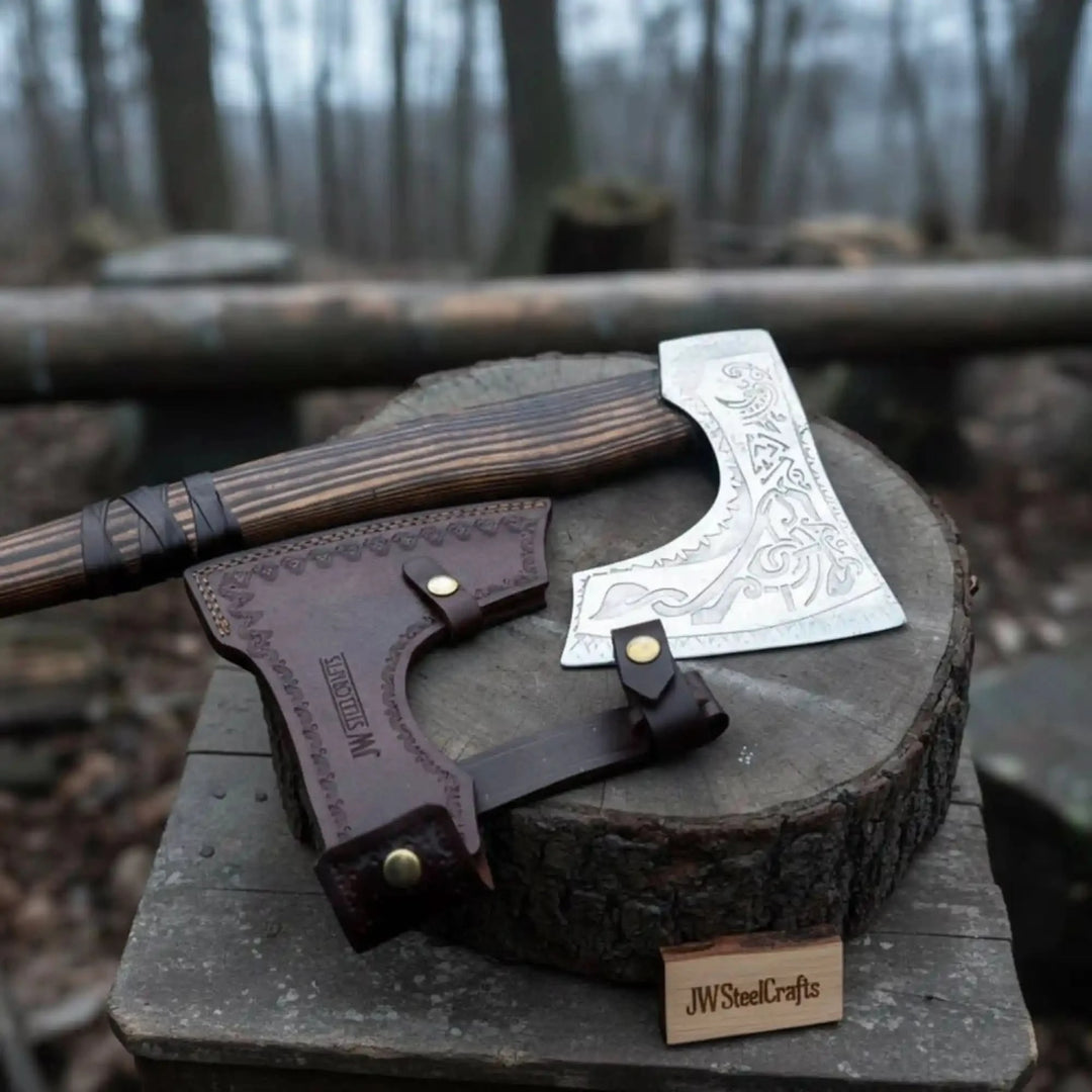 Carbon steel Viking axe with carved ash wood handle and protective leather sheath