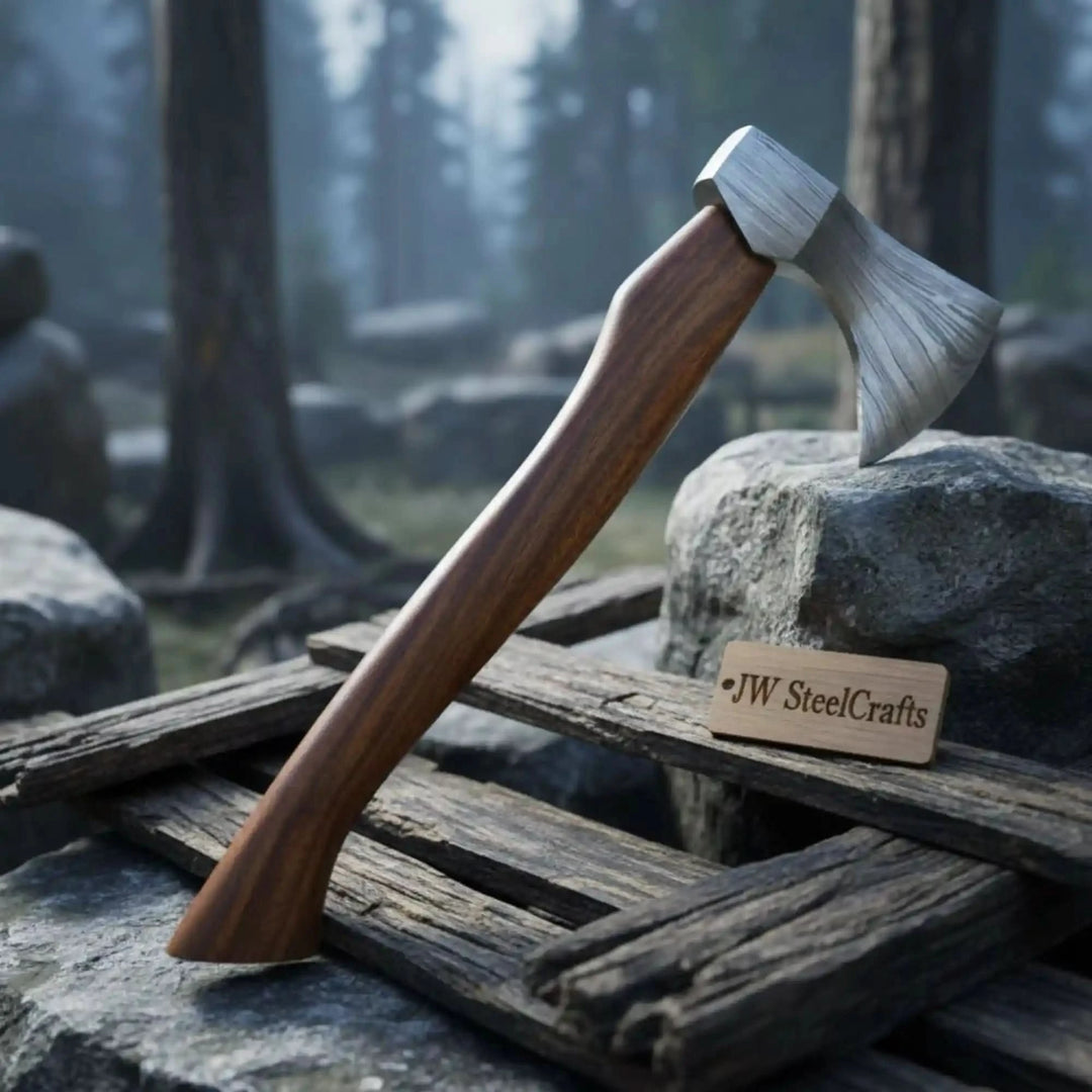     Flint-themed handcrafted forest axe featuring artistic steel textures and smooth hardwood handle design.