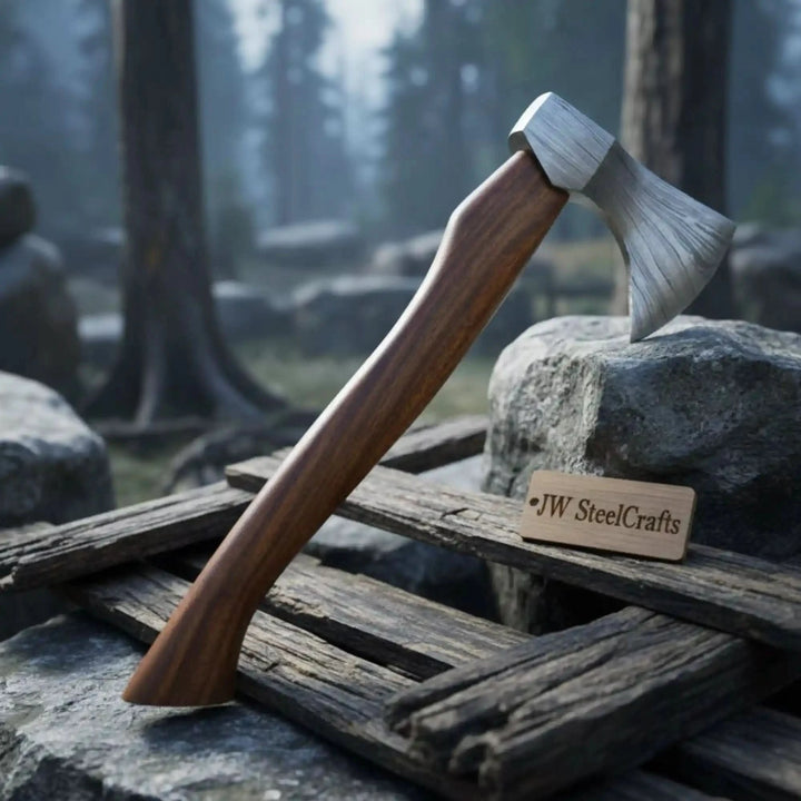     Flint-themed handcrafted forest axe featuring artistic steel textures and smooth hardwood handle design.