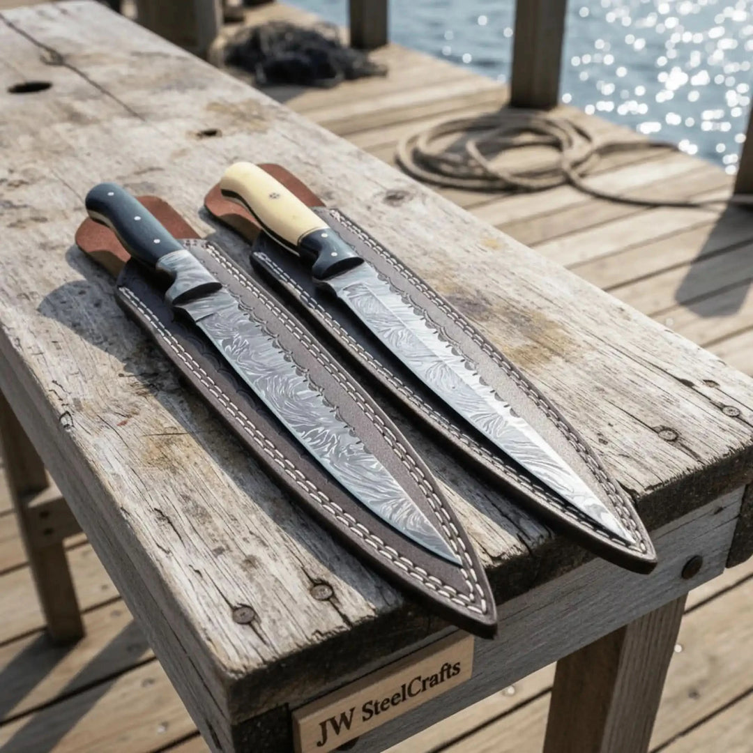 Marine dock chef knife display featuring two patterned blades in protective sheaths