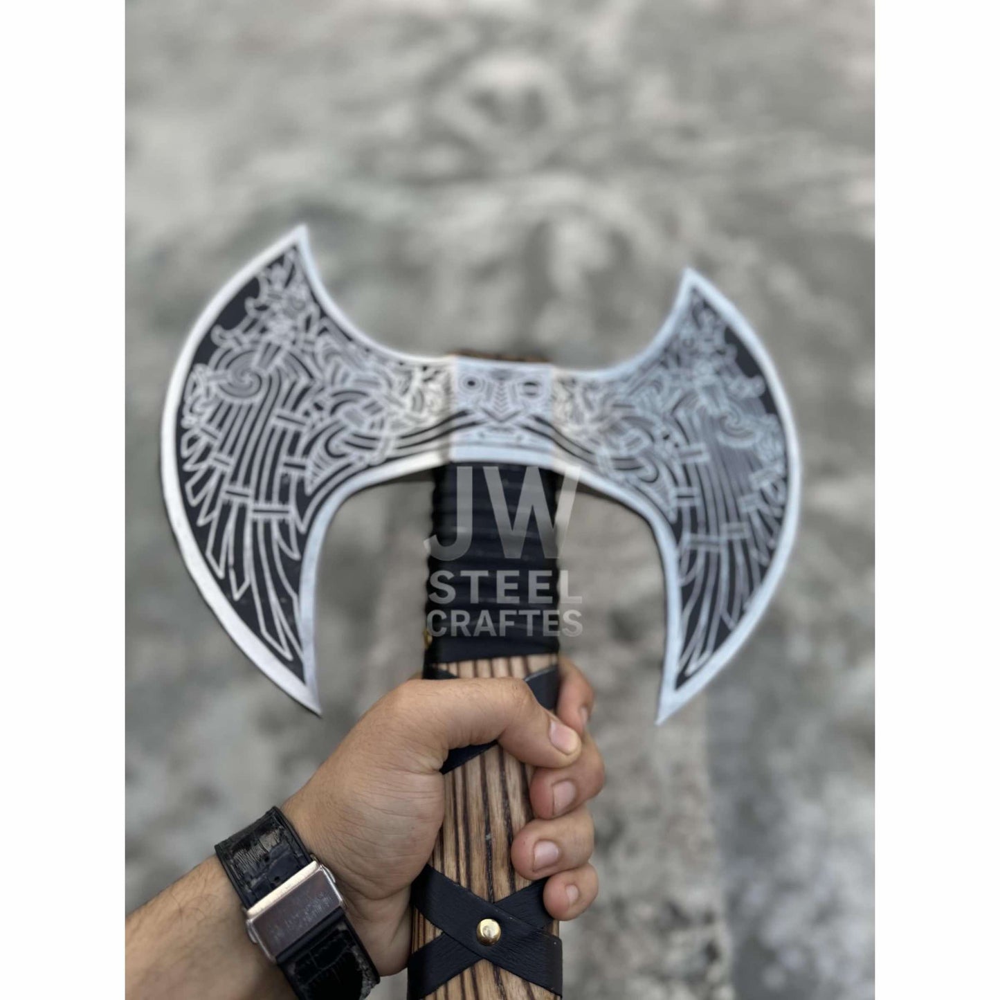 Hand - Engraved Double - Headed Nordic Inspired Decorative Axe handmade Axe by JW SteelCrafts