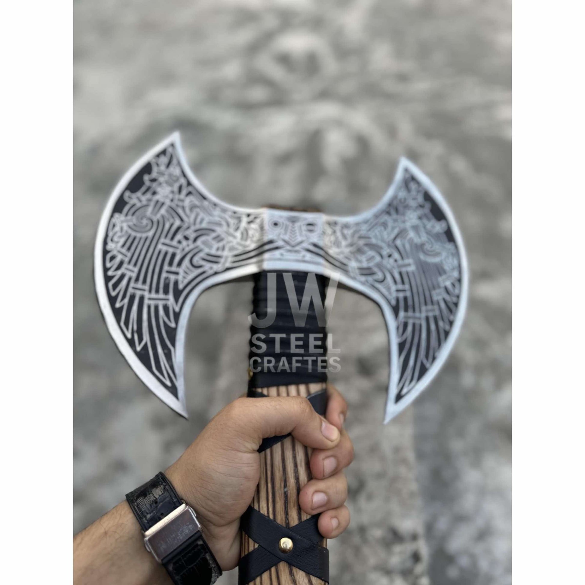 Hand - Engraved Double - Headed Nordic Inspired Decorative Axe handmade Axe by JW SteelCrafts