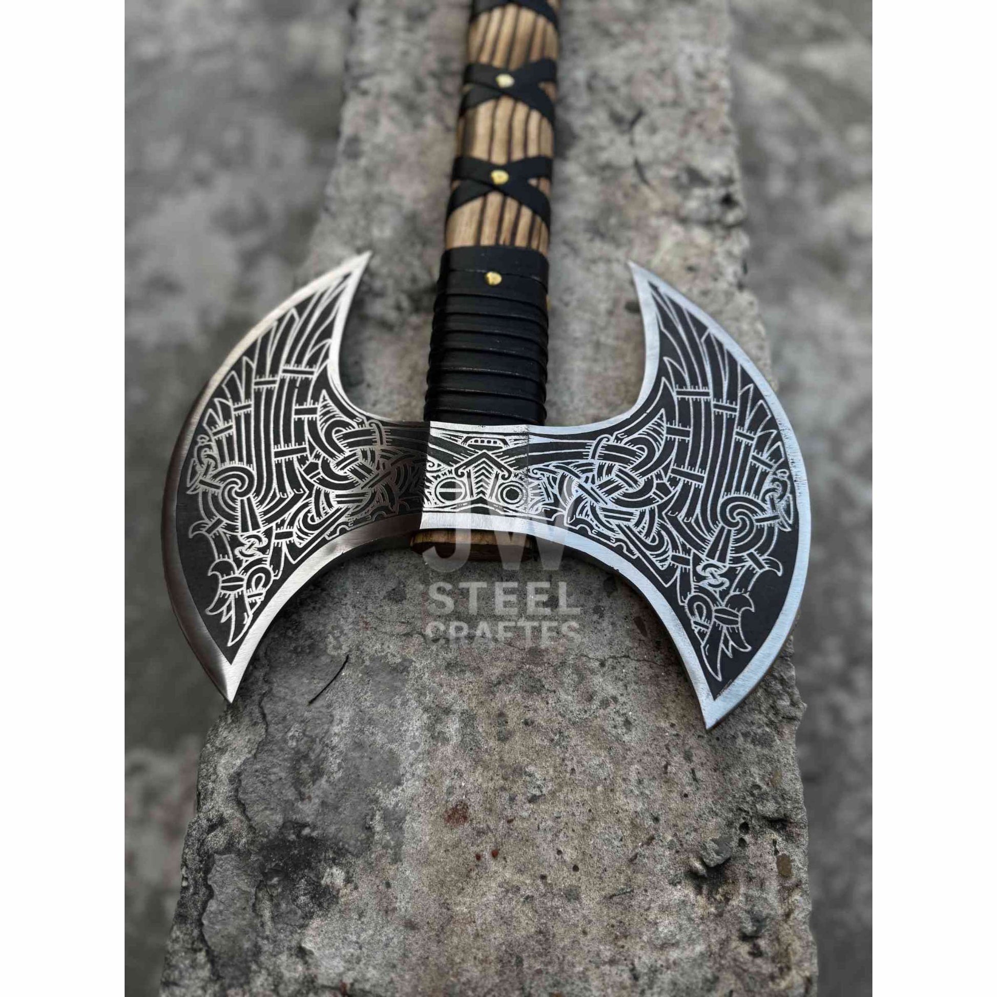 Hand - Engraved Double - Headed Nordic Inspired Decorative Axe handmade Axe by JW SteelCrafts