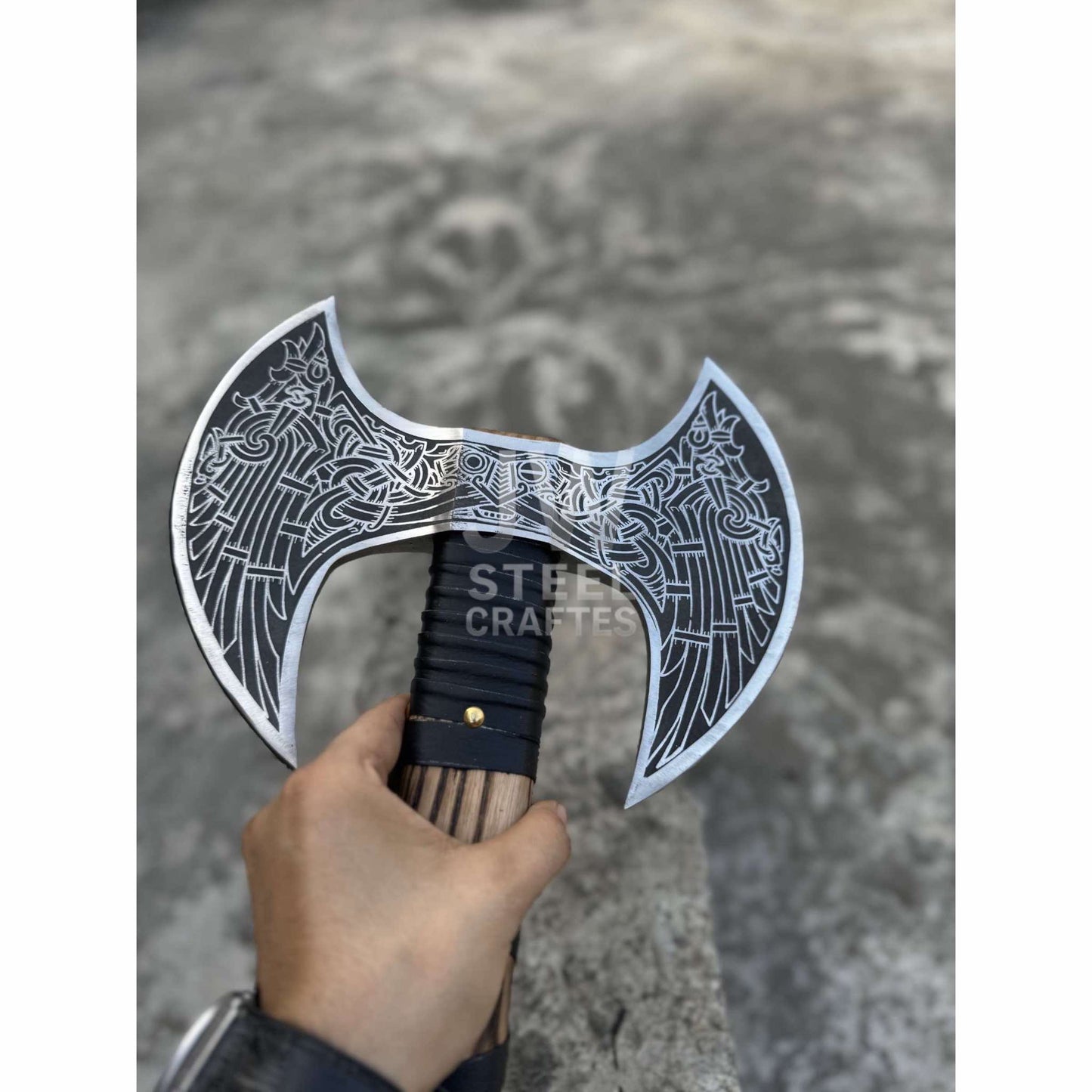 Hand - Engraved Double - Headed Nordic Inspired Decorative Axe handmade Axe by JW SteelCrafts