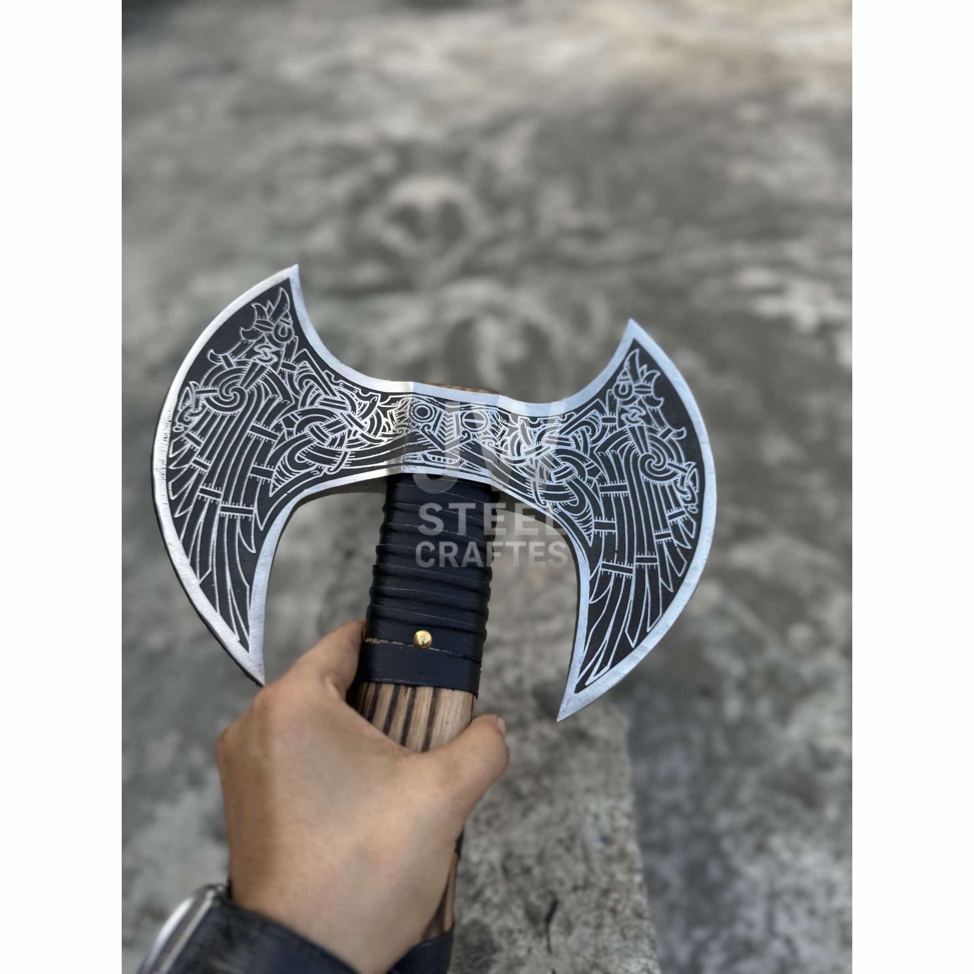 Hand - Engraved Double - Headed Nordic Inspired Decorative Axe handmade Axe by JW SteelCrafts