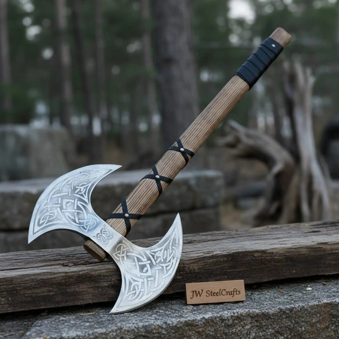 Handcrafted Norse double-headed axe featuring detailed silver engravings and a polished wooden handle in a forest setting.