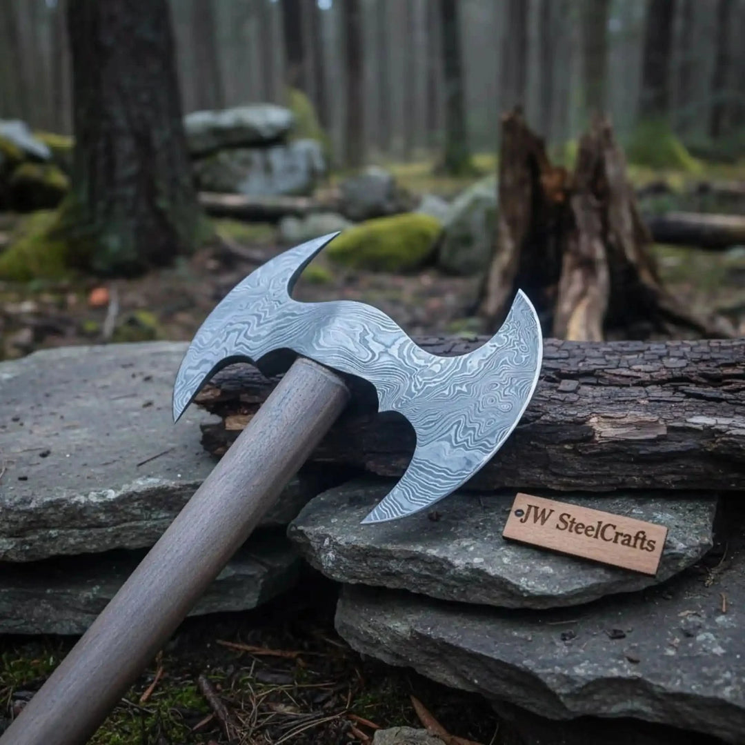 Handcrafted double-headed Damascus battle axe with engraved patterned steel blades and wooden handle displayed on rustic stone in a forest setting