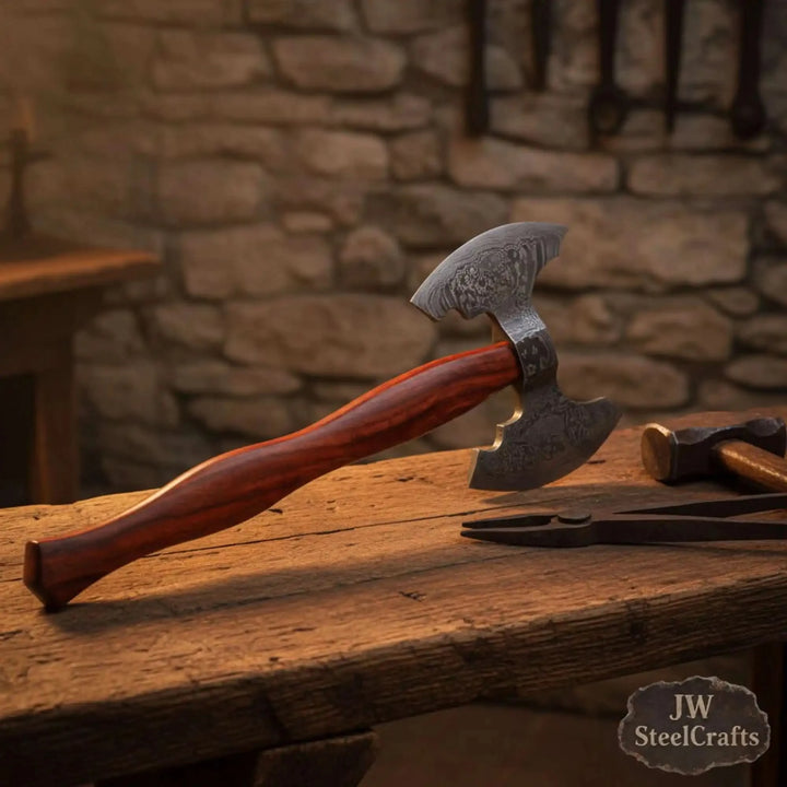     Forged Damascus combat axe with double curved blades and polished hardwood handle in rustic forge environment.