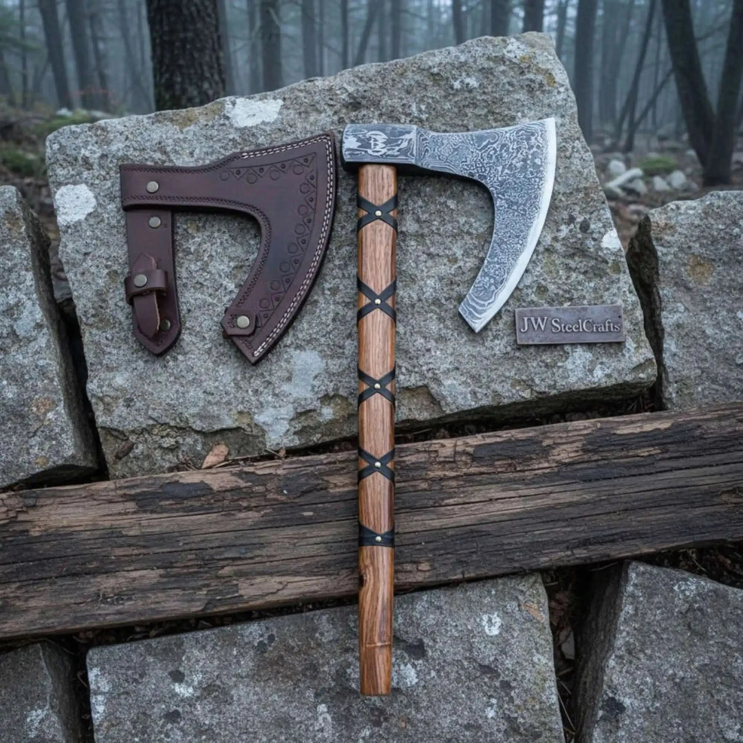 Cinderclaw-inspired Viking war hatchet showcasing polished engraved steel and leather-wrapped wooden shaft.