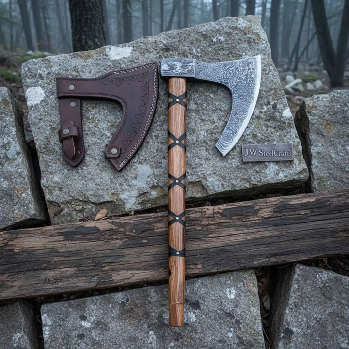 Cinderclaw-inspired Viking war hatchet showcasing polished engraved steel and leather-wrapped wooden shaft.