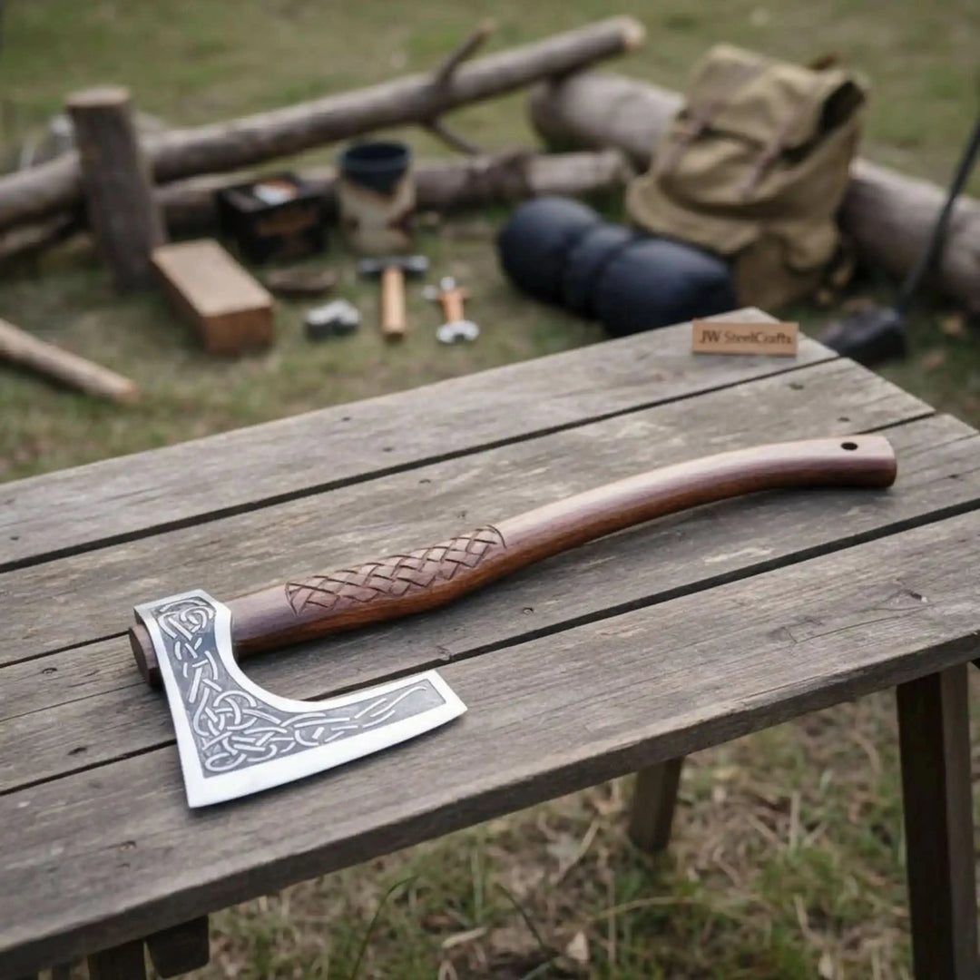    Frost-themed Norse camping hatchet featuring decorative steel craftsmanship and premium hardwood grip design.