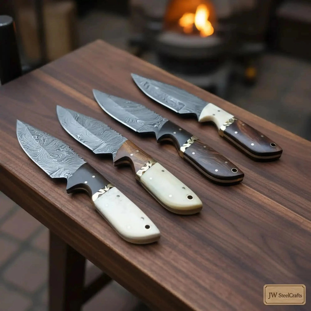 Handmade Damascus Steel Bushcraft Knife With Brown Handle And Leather Sheath On A Wooden Surface, Featuring 'JW SteelCrafts' Branding.
