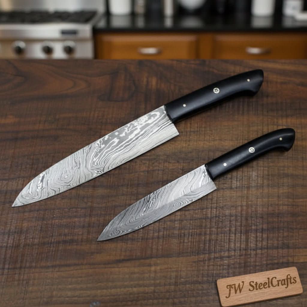 Featuring a Damascus steel chef knife set with matching black handles displayed on a wooden butcher block countertop.
