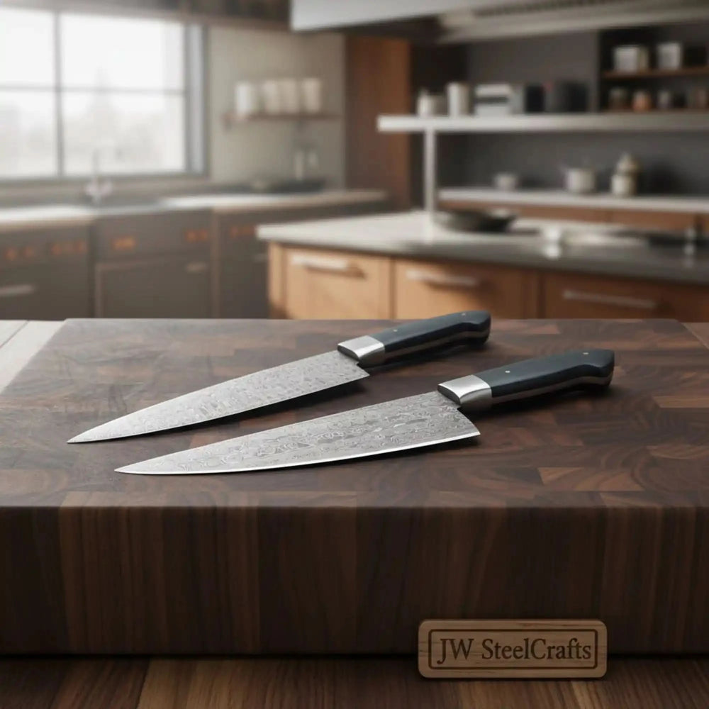 Black handle chef knives arranged on a thick walnut block with soft kitchen background