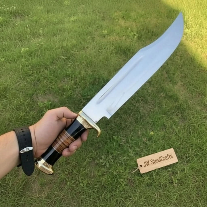 Dundee Clip Point Bowie Knife, Damascus or Mirror Polish Blade, Coffin Handle, Handmade Long Bowie, JW SteelCrafts handmade Dundee Bowie Knives by JW SteelCrafts