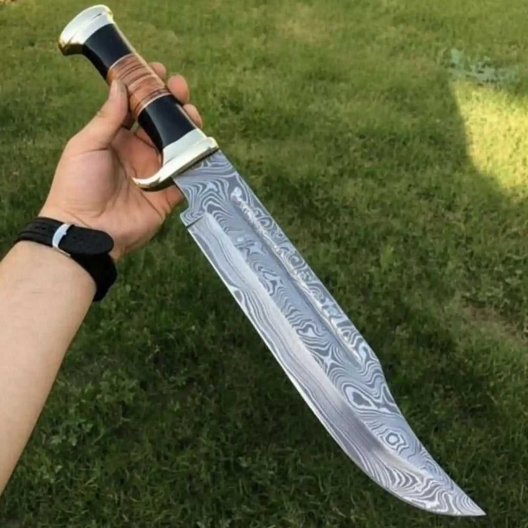 Dundee Clip Point Bowie Knife, Damascus or Mirror Polish Blade, Coffin Handle, Handmade Long Bowie, JW SteelCrafts handmade Dundee Bowie Knives by JW SteelCrafts