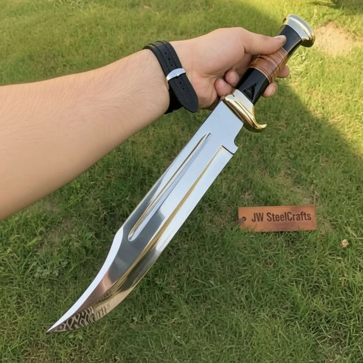 Dundee Clip Point Bowie Knife, Damascus or Mirror Polish Blade, Coffin Handle, Handmade Long Bowie, JW SteelCrafts handmade Dundee Bowie Knives by JW SteelCrafts