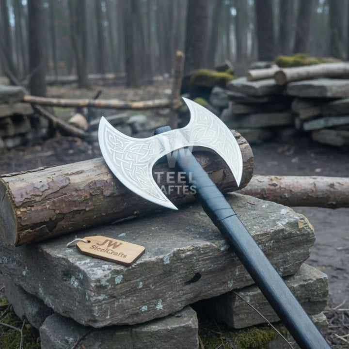 Velvet-themed Nordic war weapon with engraved silver blades and extended matte black handle outdoors.