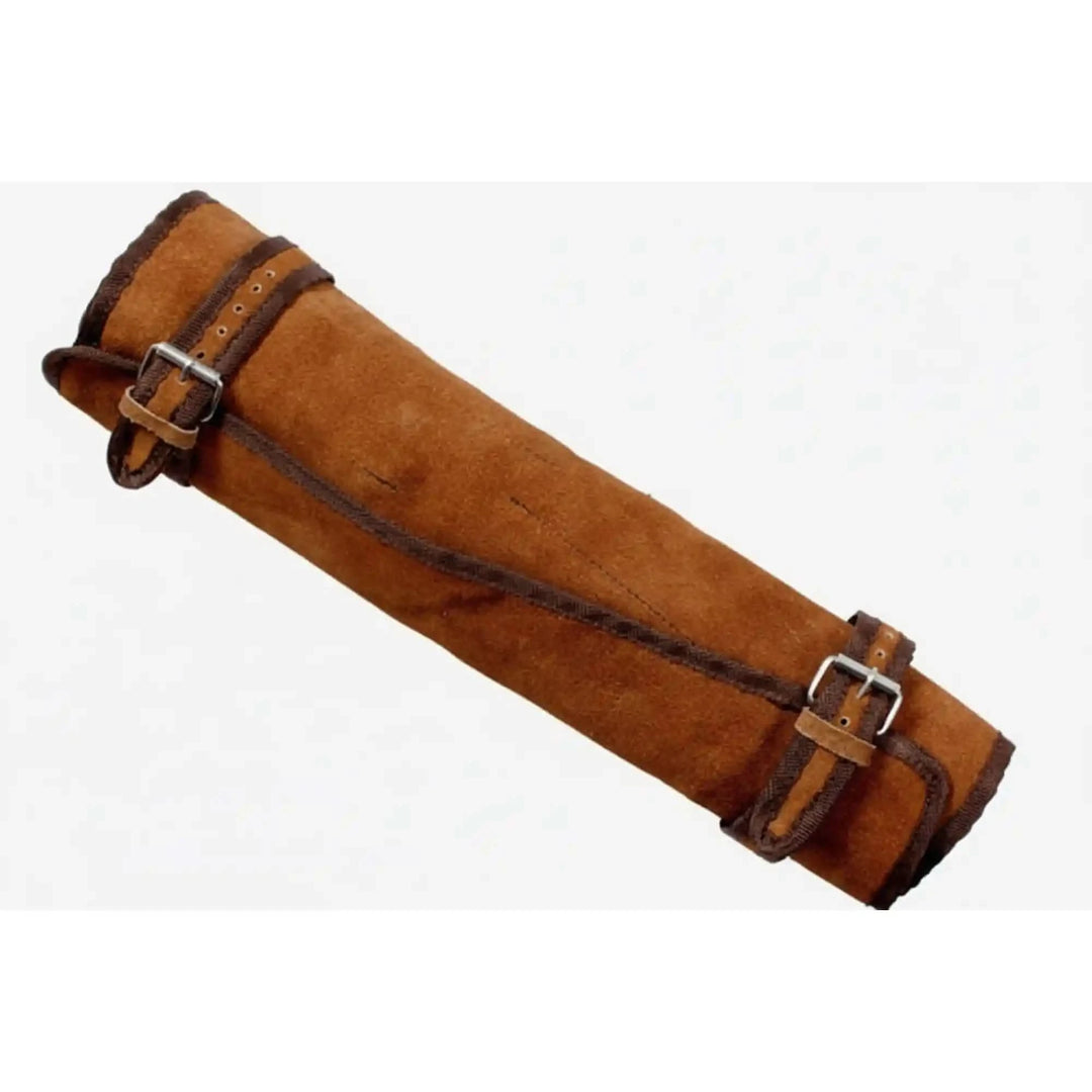 Vintage style culinary knife wrap featuring warm brown tones, leather securing straps, and practical travel functionality.