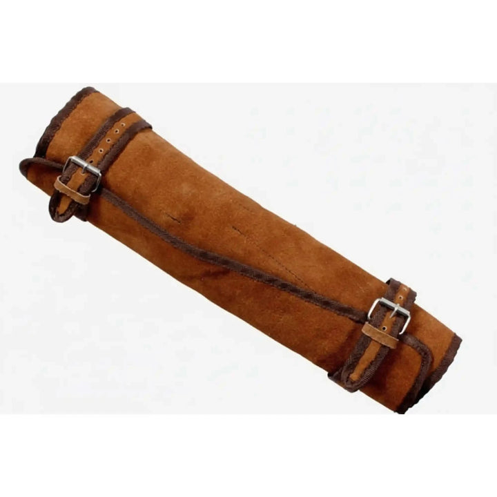 Vintage style culinary knife wrap featuring warm brown tones, leather securing straps, and practical travel functionality.
