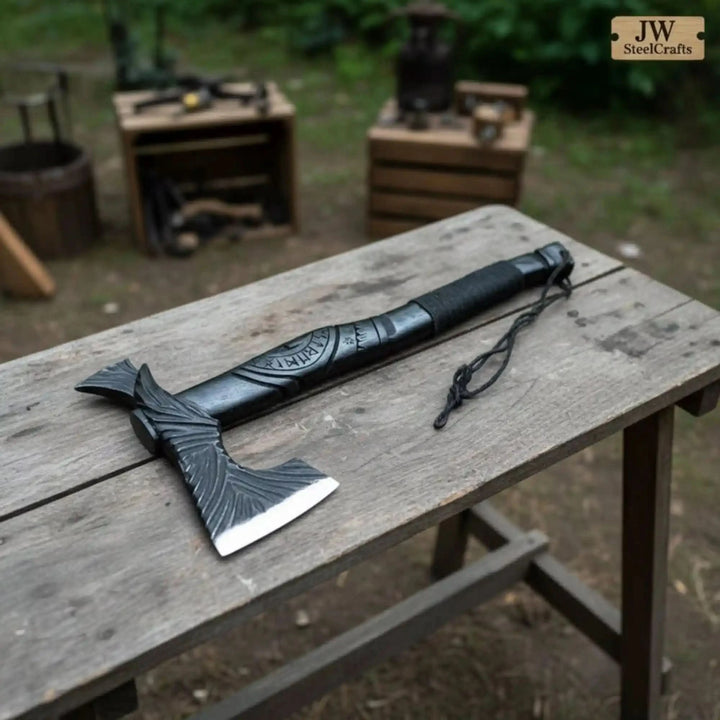 Frostveil-themed Norse camping weapon displaying decorative axe carvings and handcrafted outdoor survival design.
