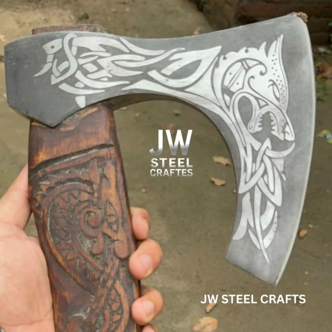 Pinecrest-themed Nordic raven battle axe displaying decorative silver engravings and rustic wood craftsmanship.