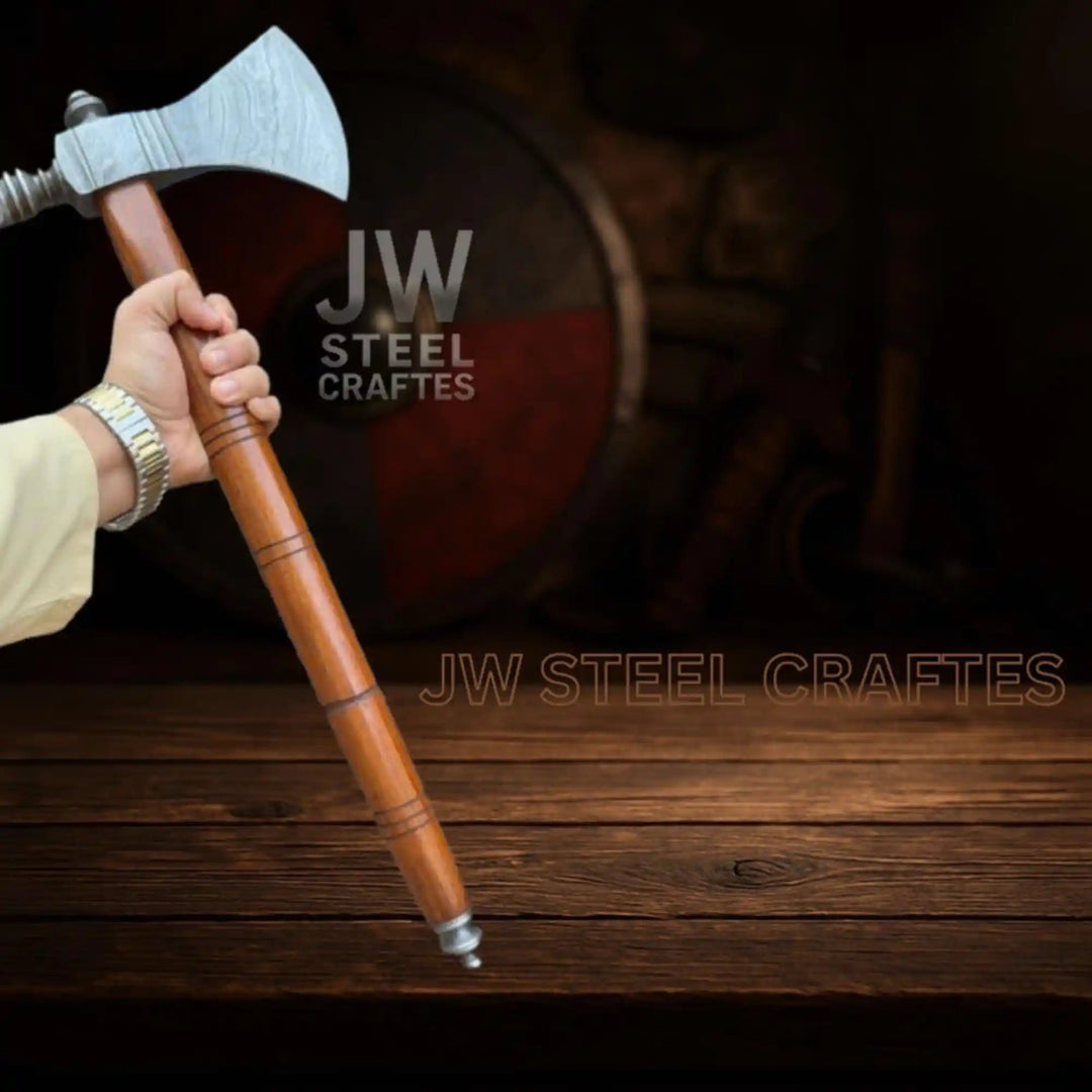Crafted Damascus bearded war axe featuring polished steel patterns and handcrafted wooden handle.