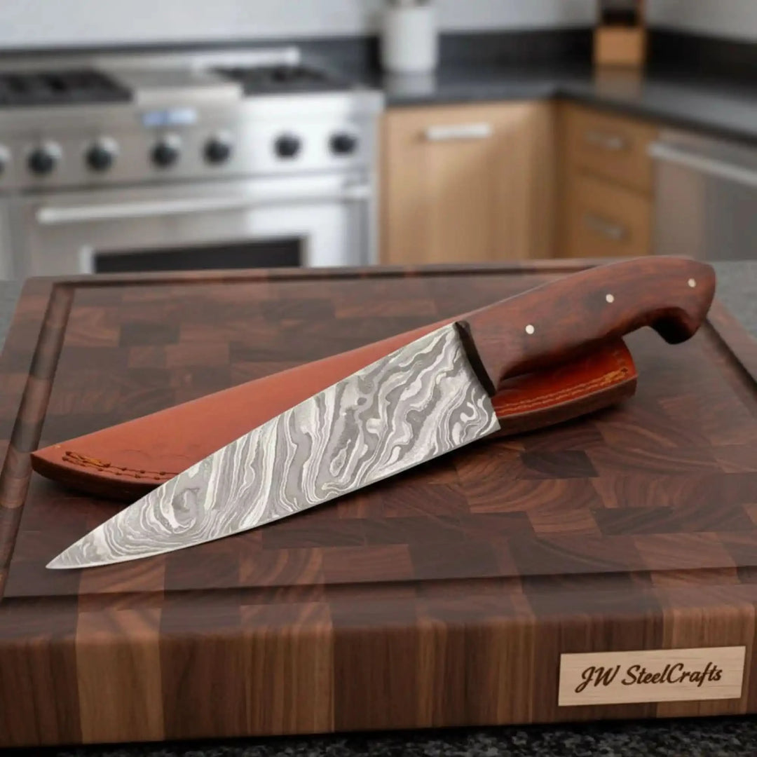 Embossed cover Damascus knife display with dark grips, brass-style pins, and brand tag