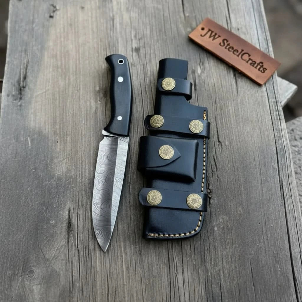 Multi-strap black leather sheath with brass snaps paired with a fixed blade knife 