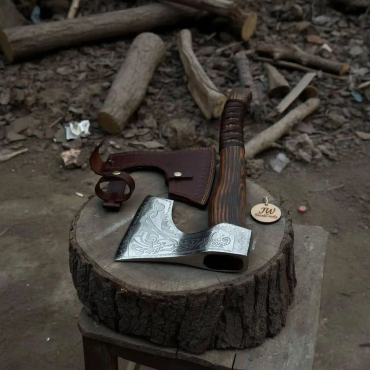 Outdoorsman using steel Viking axe for wood processing at campsite
