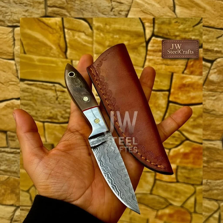 EDC Skinner Knife Damascus Steel, 6.5” Fixed Blade handmade Skinner Knife by JW SteelCrafts