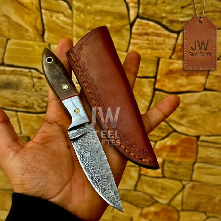 EDC Skinner Knife Damascus Steel, 6.5” Fixed Blade handmade Skinner Knife by JW SteelCrafts
