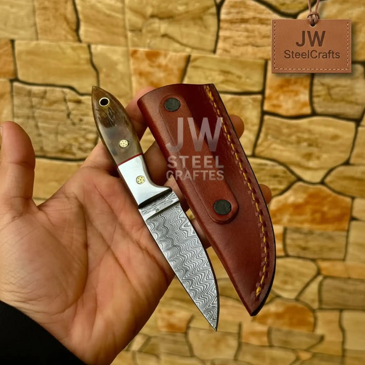 EDC Skinner Knife Damascus Steel, 6.5” Fixed Blade handmade Skinner Knife by JW SteelCrafts