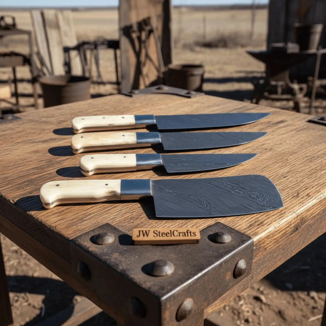 Four handcrafted Damascus steel kitchen knives with ivory colored handles displayed diagonally on rustic wooden outdoor table.