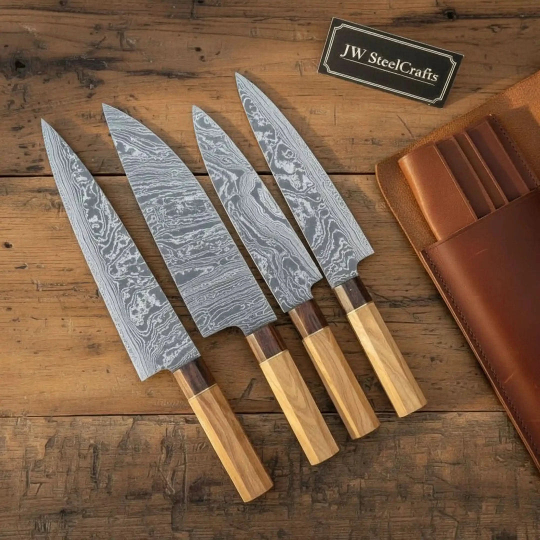 Timeless Damascus chef knife display with artisan steel detailing and rustic wooden presentation.