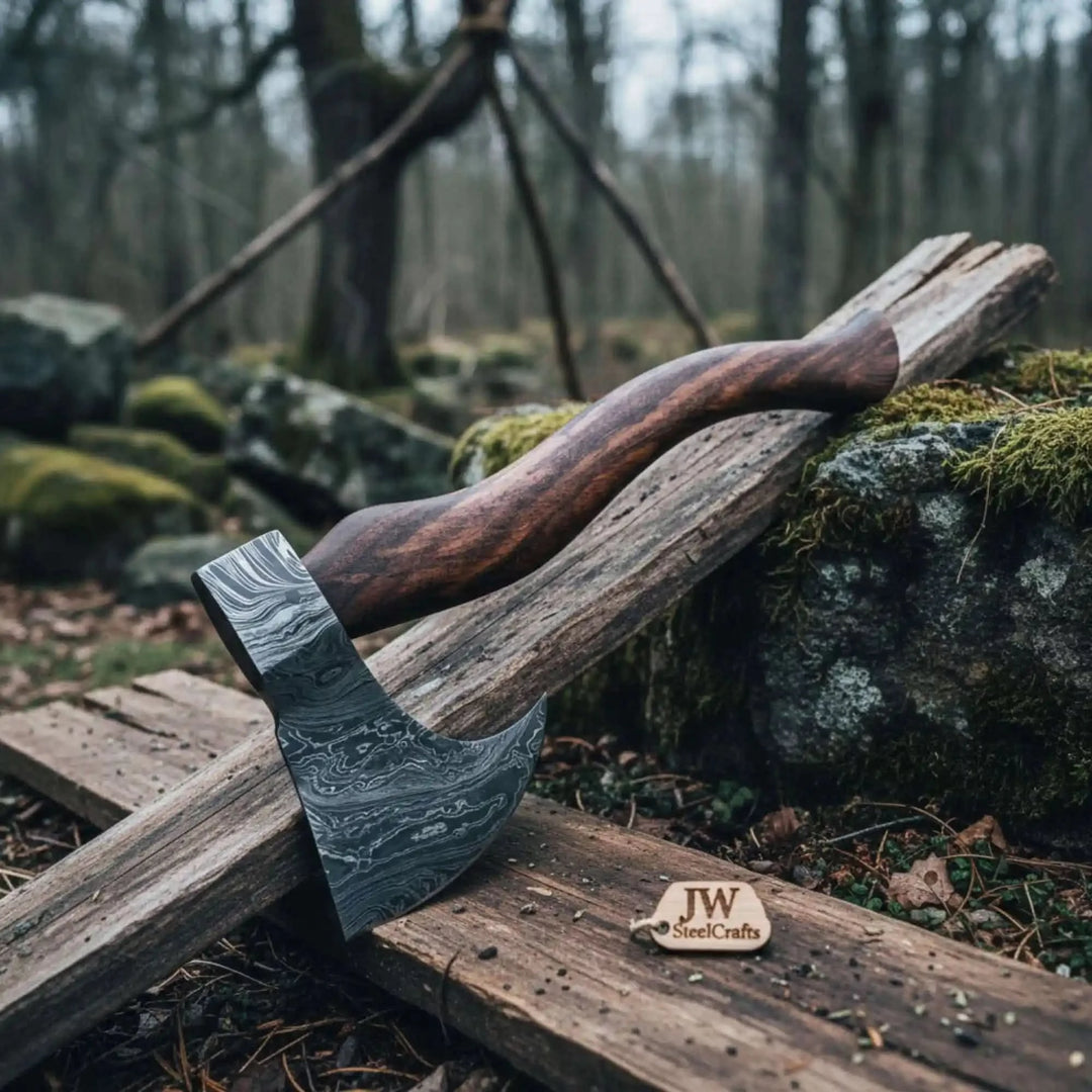     Flint-themed Damascus combat axe featuring artistic blade textures and handcrafted hardwood grip outdoors.