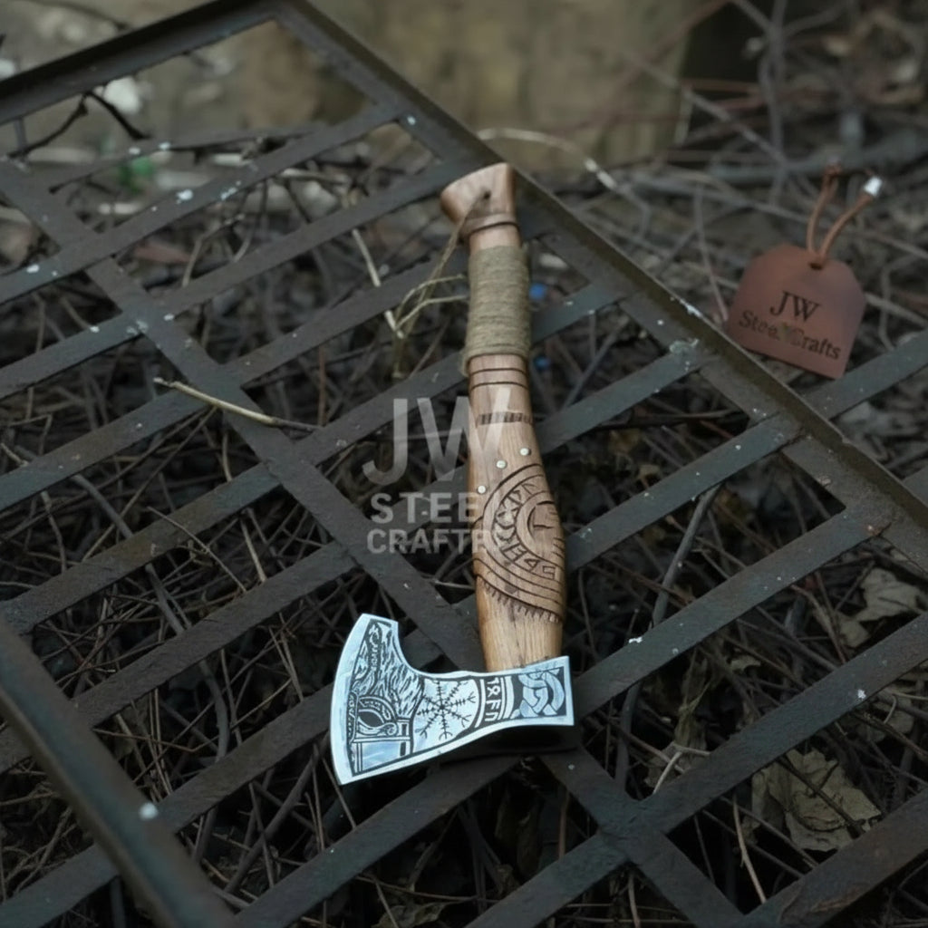 Closeup of precision engraved Norse rune pattern on Viking bearded axe steel head

