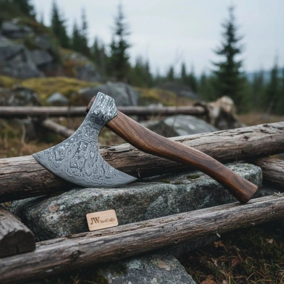 Frontier-inspired Norse war hatchet displaying decorative Damascus blade patterns and handcrafted curved wooden grip.