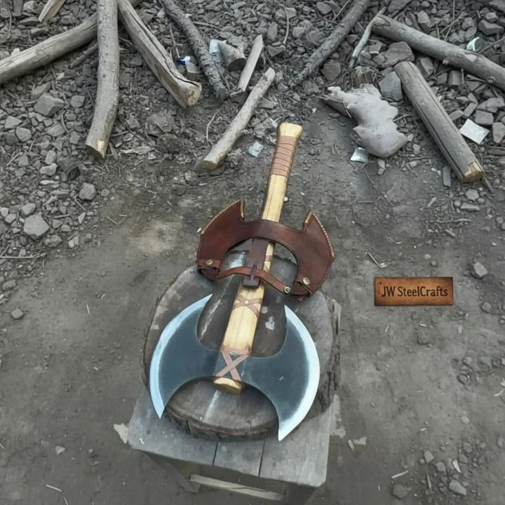 Frostcliff-themed Norse double-blade hatchet with polished steel edges and rugged wooden shaft.