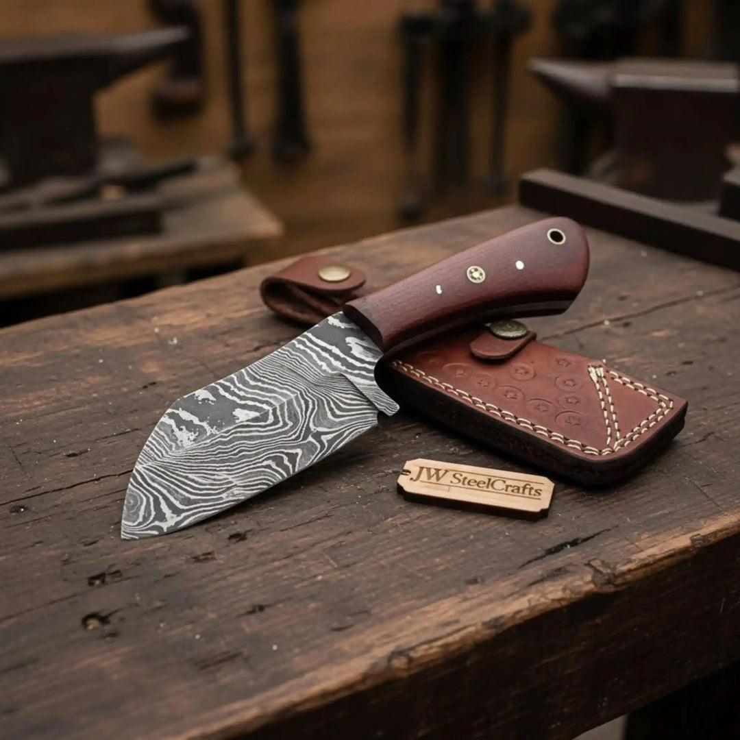 Unique tooled sheath Damascus blade with rosewood handle and rustic workbench styling