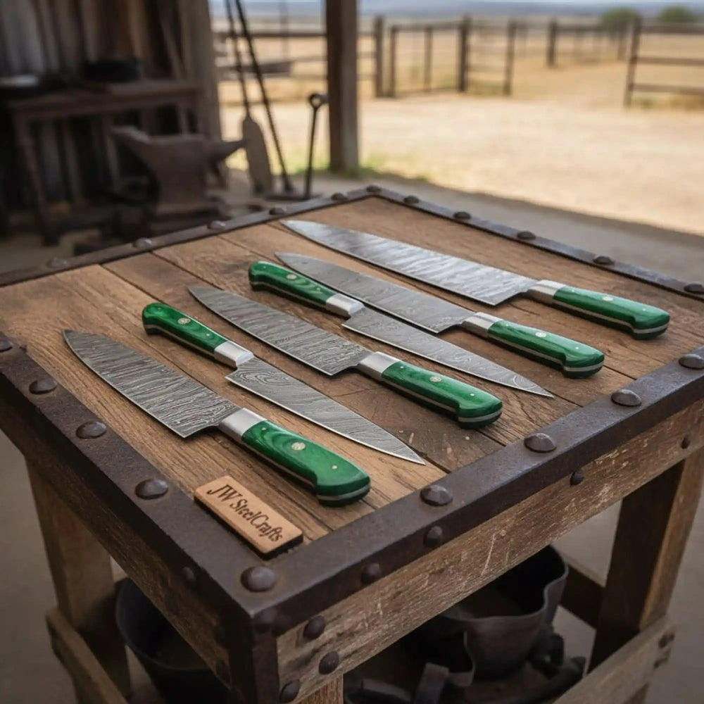 Overhead six piece Damascus chef set showcasing slicing, utility, chef, and prep knife blade profiles.