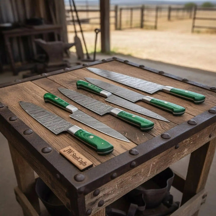 Overhead six piece Damascus chef set showcasing slicing, utility, chef, and prep knife blade profiles.