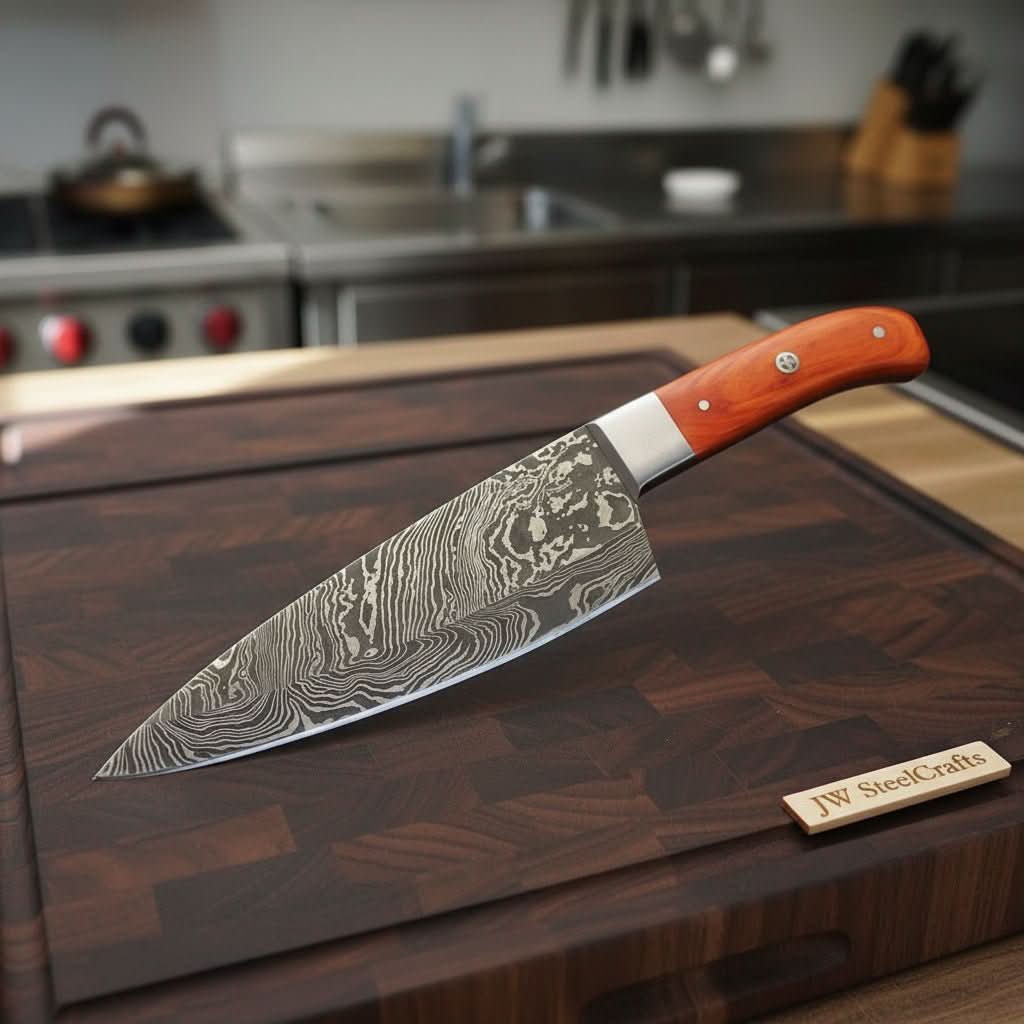     Positioned across a dark cutting board, the Damascus chef knife showcases layered steel detailing