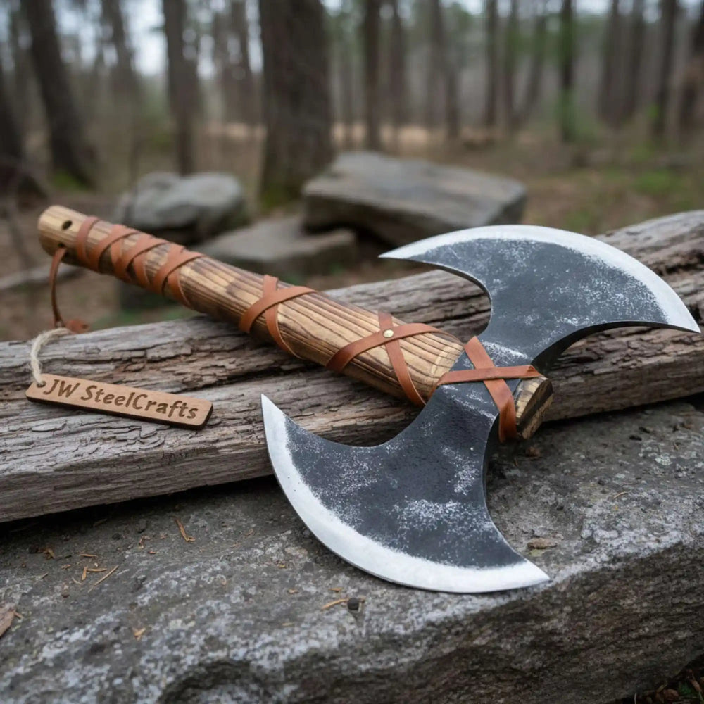 Premium Viking double axe with ornate blade carvings and natural wood handle photographed in woodland scenery.