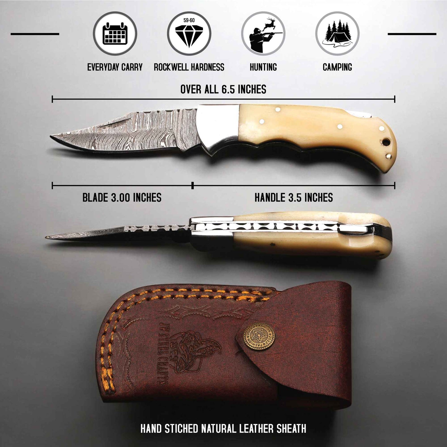 Handmade Damascus Folding Knife – 6.5" Pocket Knife for Men, Groomsmen Gifts, Boyfriend Gift, Personalized for Him, Authentic Damascus Steel