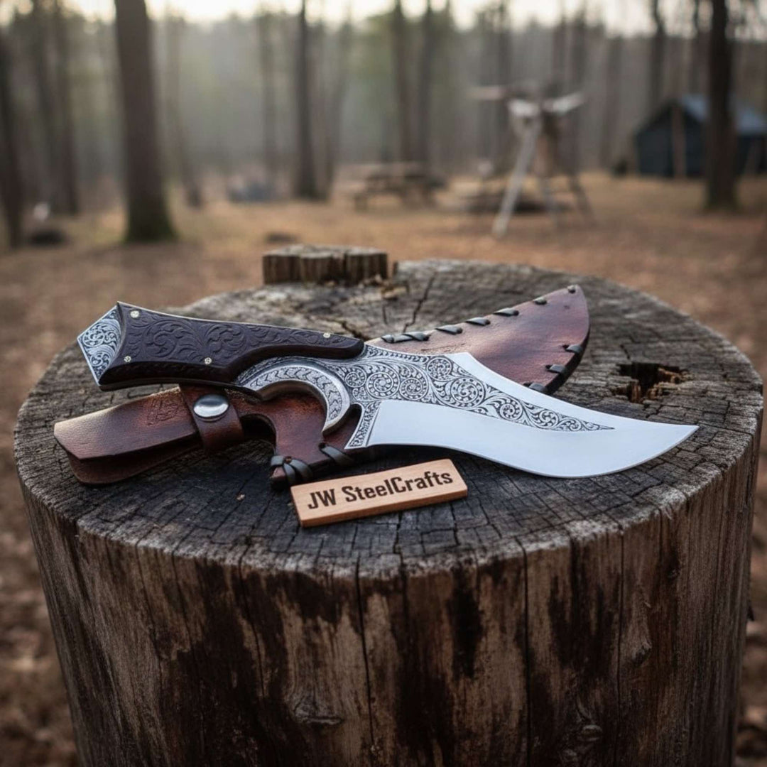     Handmade curved blade knife with intricate steel engravings and polished wooden grip outdoors